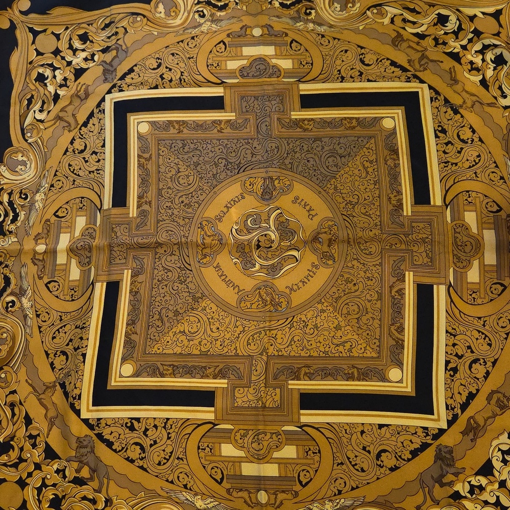 Hermes Elegant Black and Gold Scarf 100% Silk - Picture 3 of 7